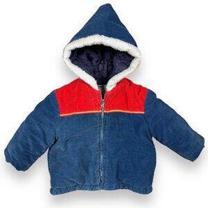 Vtg 70s 80s Montgomery Ward Blue Corduroy Quilted Lined Jacket Hood 2T Toddler